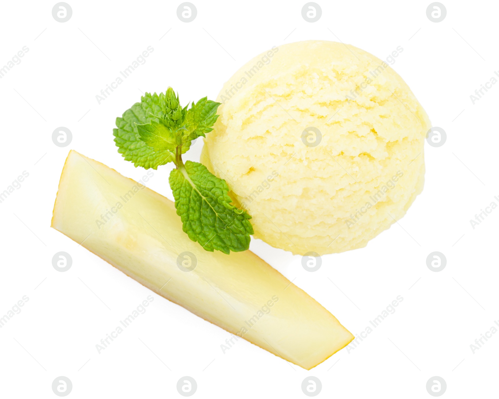 Photo of Tasty melon sorbet, piece of fresh fruit and mint isolated on white, top view