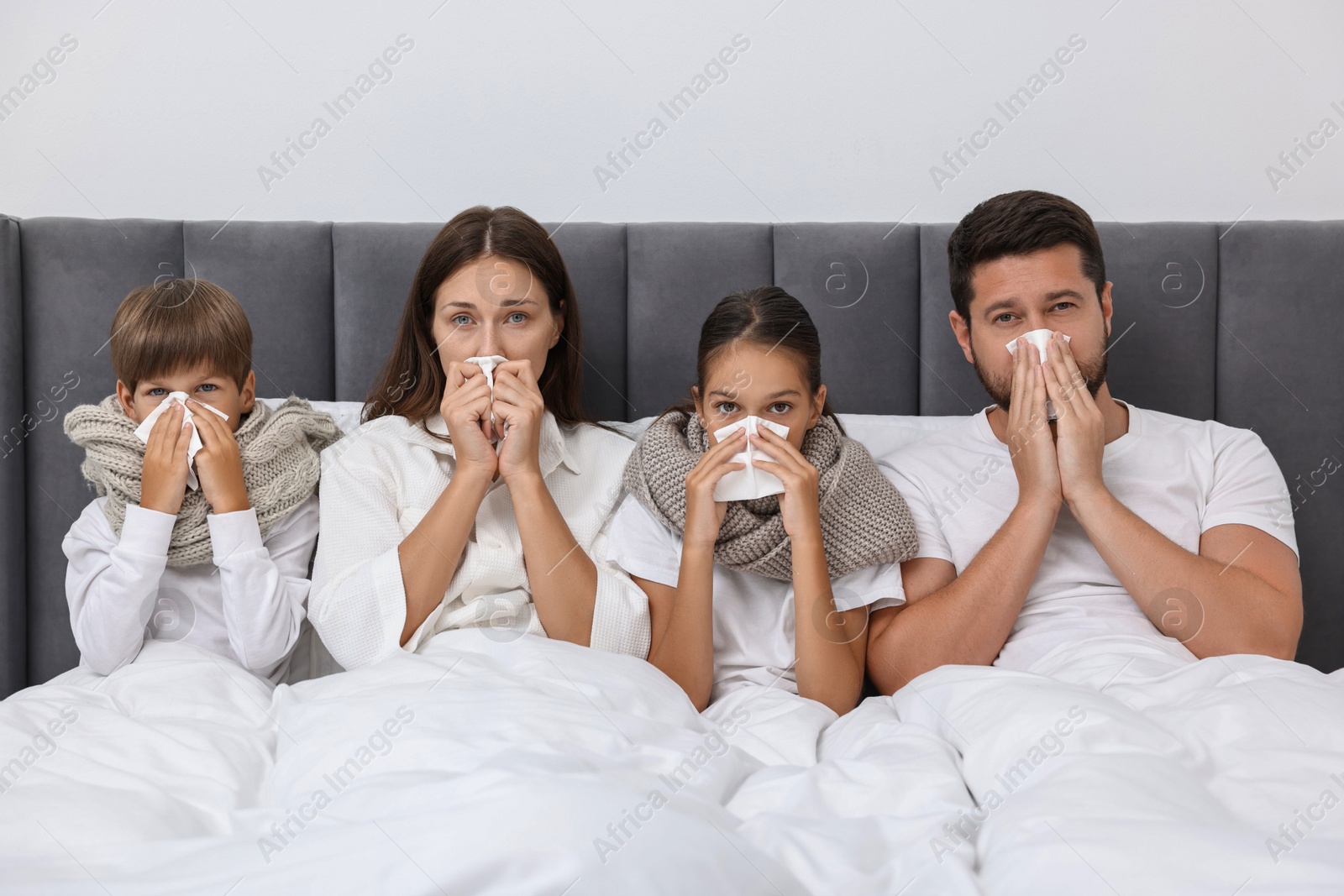 Photo of Cold symptom. Family suffering from fever in bed at home