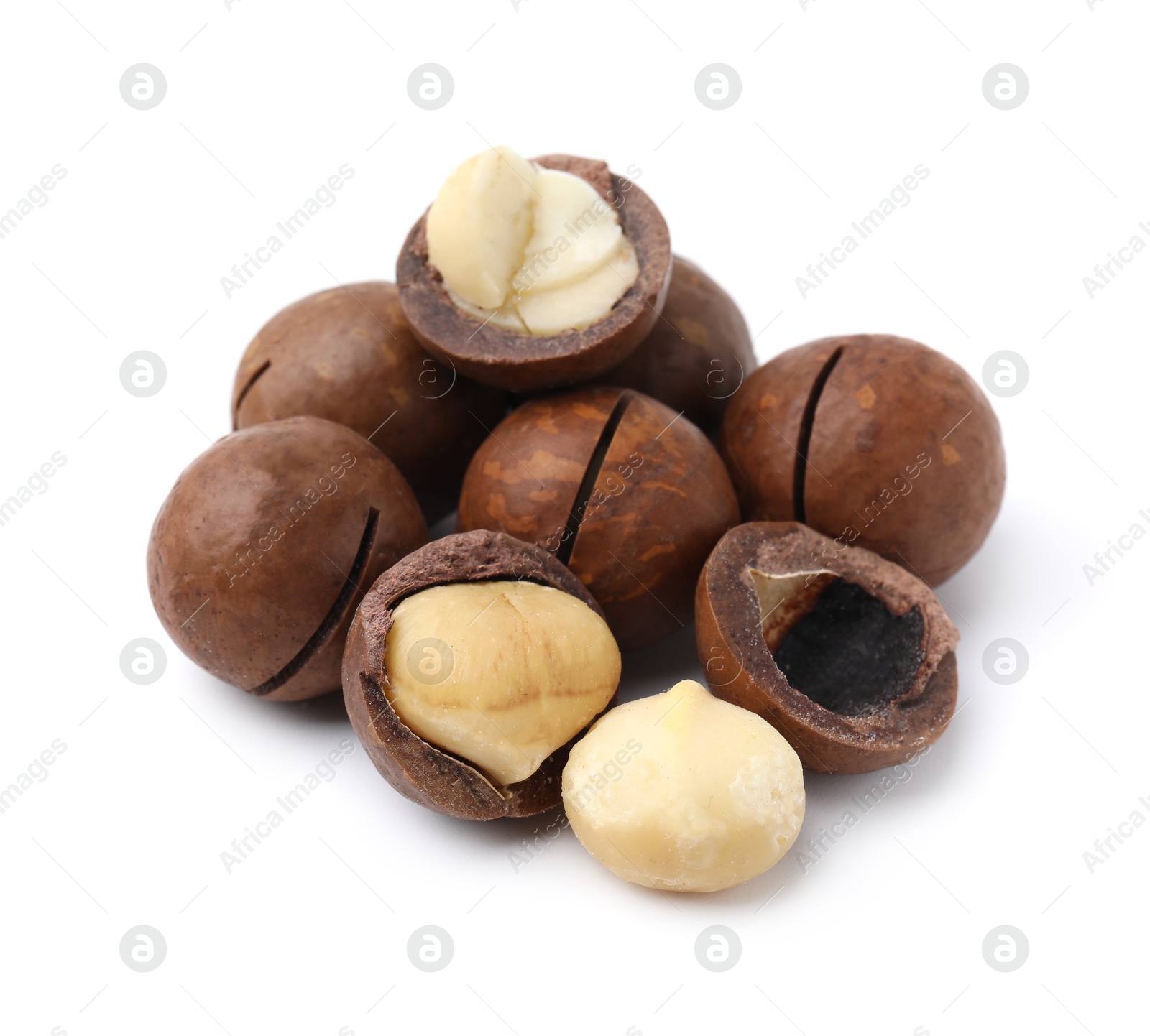 Photo of Macadamia nuts with shells isolated on white