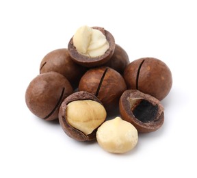 Macadamia nuts with shells isolated on white