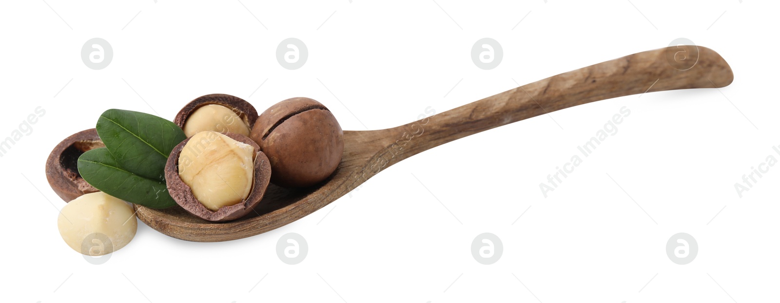 Photo of Spoon with macadamia nuts isolated on white