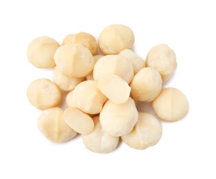 Photo of Pile of peeled macadamia nuts isolated on white, top view