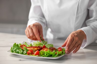 Photo of Professional chef decorating dish with rosemary at table in kitchen