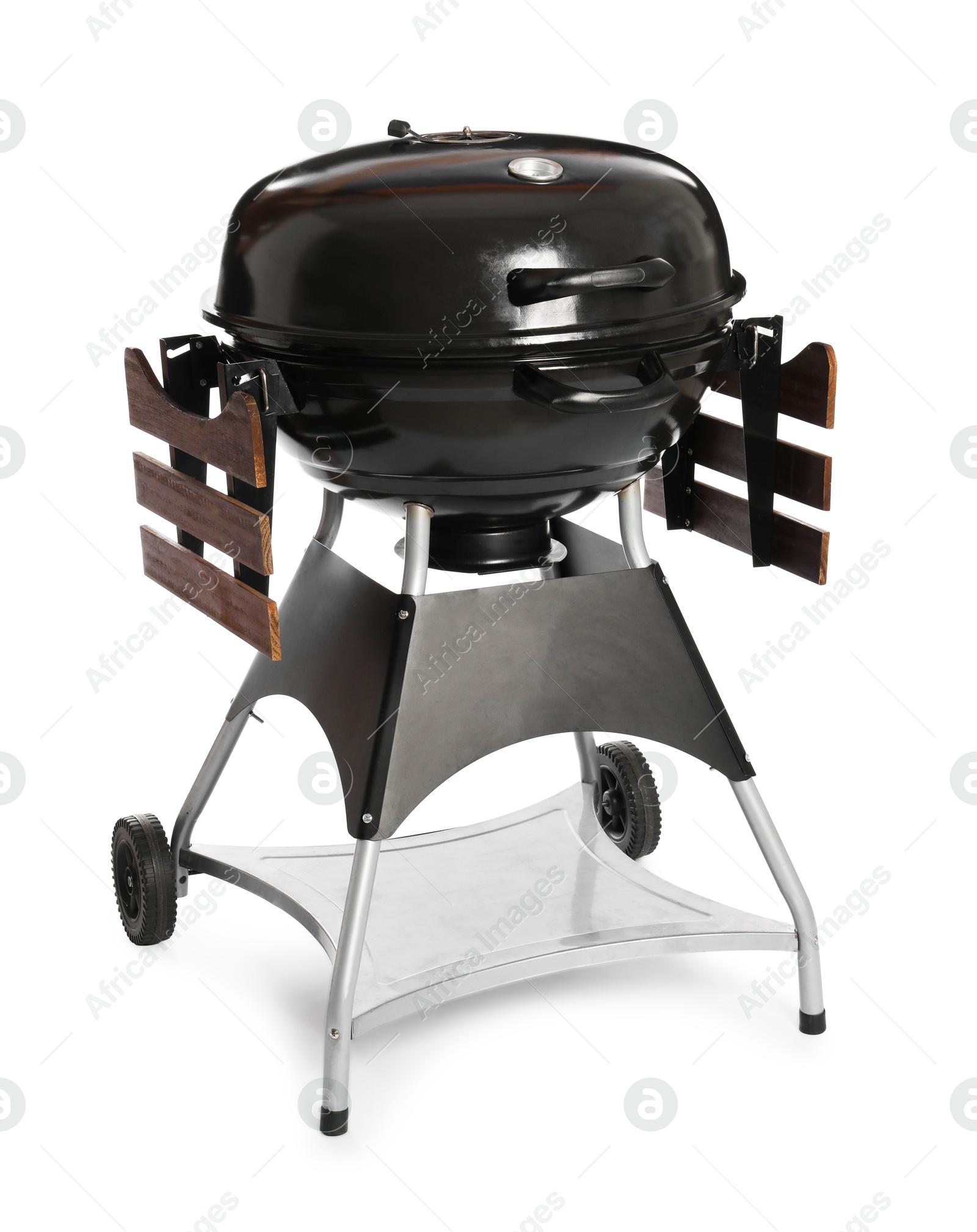 Photo of One black barbeque grill isolated on white. Cooking appliance