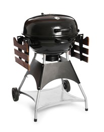 Photo of One black barbeque grill isolated on white. Cooking appliance