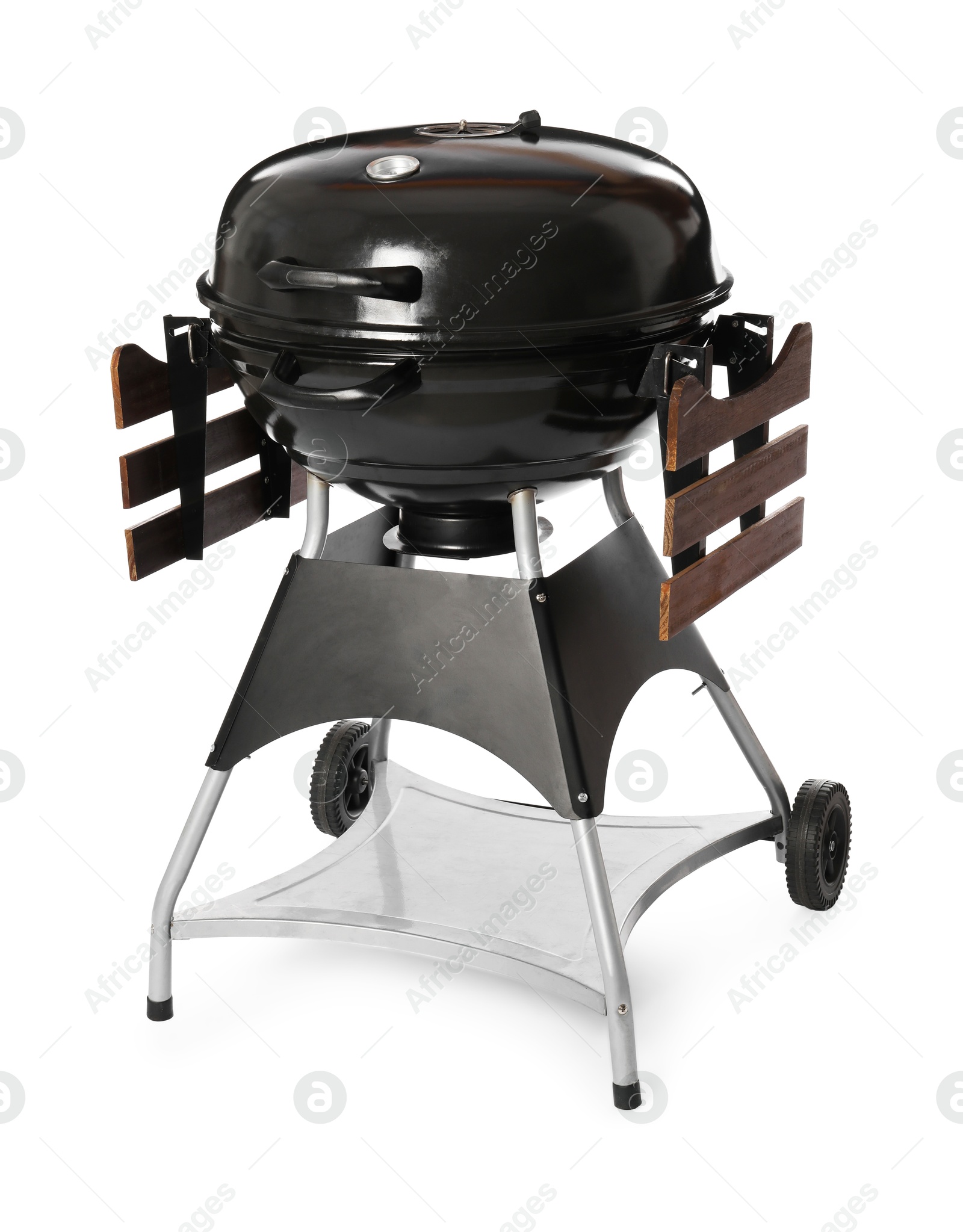 Photo of One black barbeque grill isolated on white. Cooking appliance