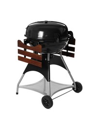 Photo of One black barbeque grill isolated on white. Cooking appliance