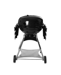 Photo of One black barbeque grill isolated on white. Cooking appliance