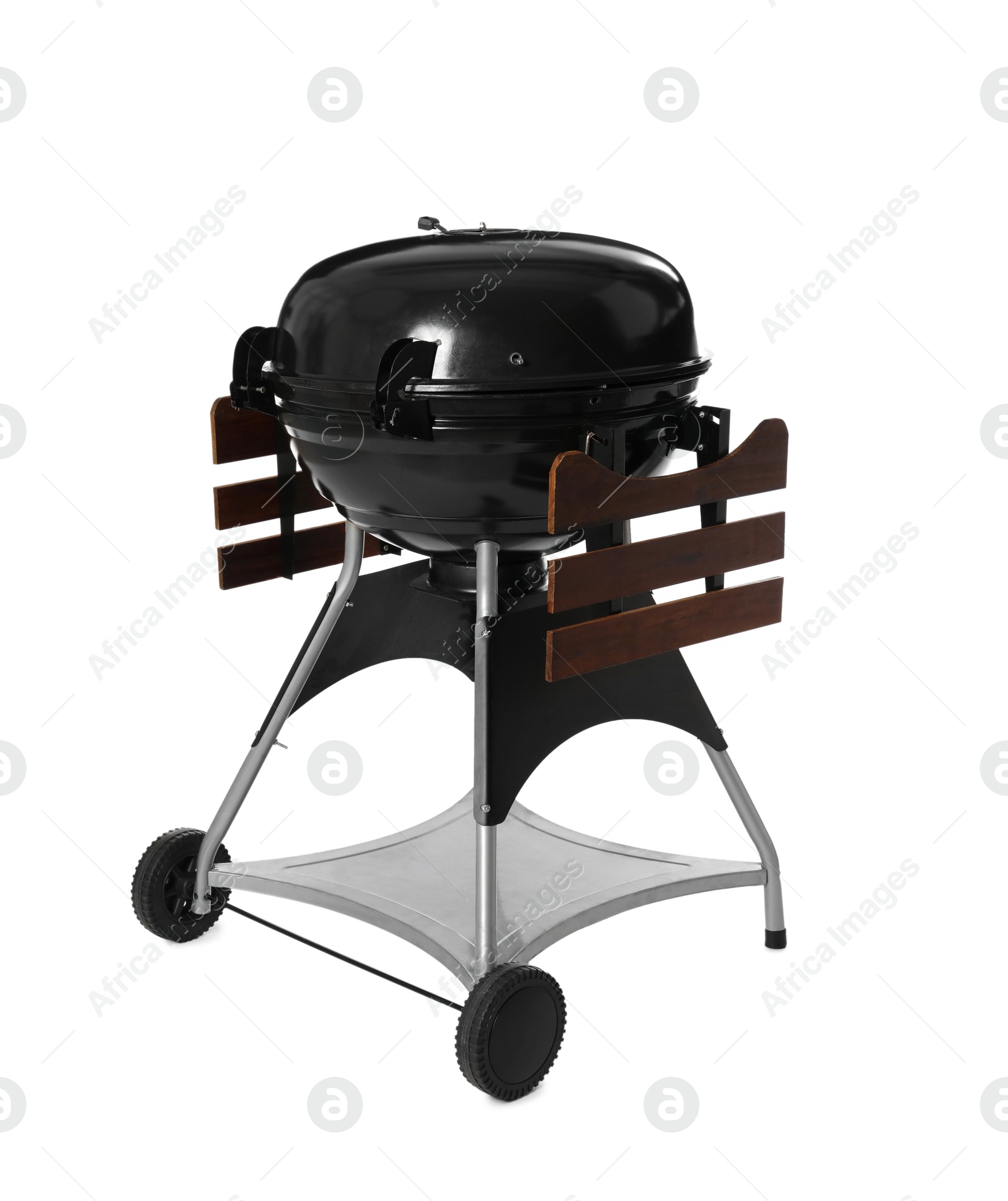 Photo of One black barbeque grill isolated on white. Cooking appliance