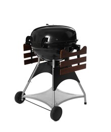 Photo of One black barbeque grill isolated on white. Cooking appliance