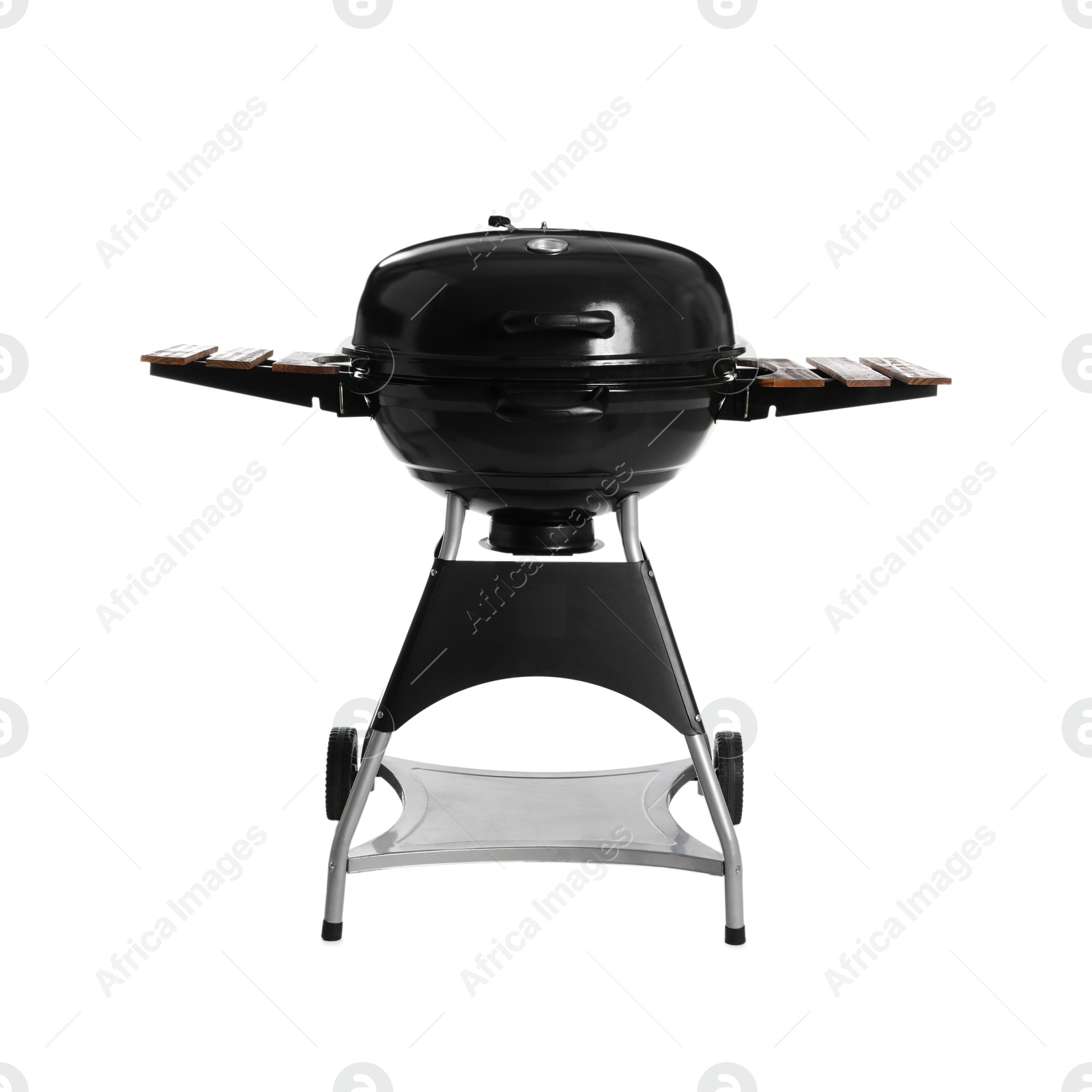 Photo of One black barbeque grill isolated on white. Cooking appliance