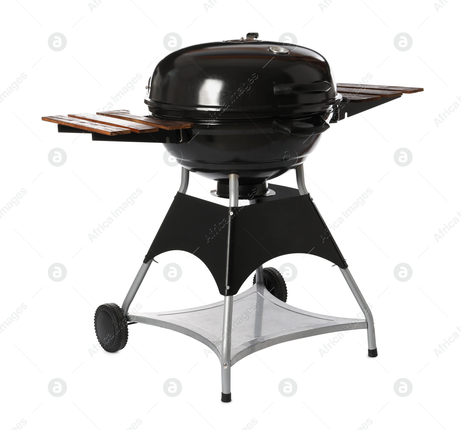 Photo of One black barbeque grill isolated on white. Cooking appliance