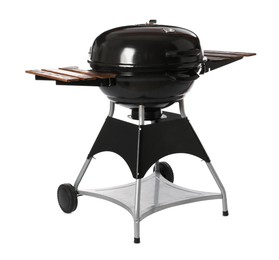 Photo of One black barbeque grill isolated on white. Cooking appliance