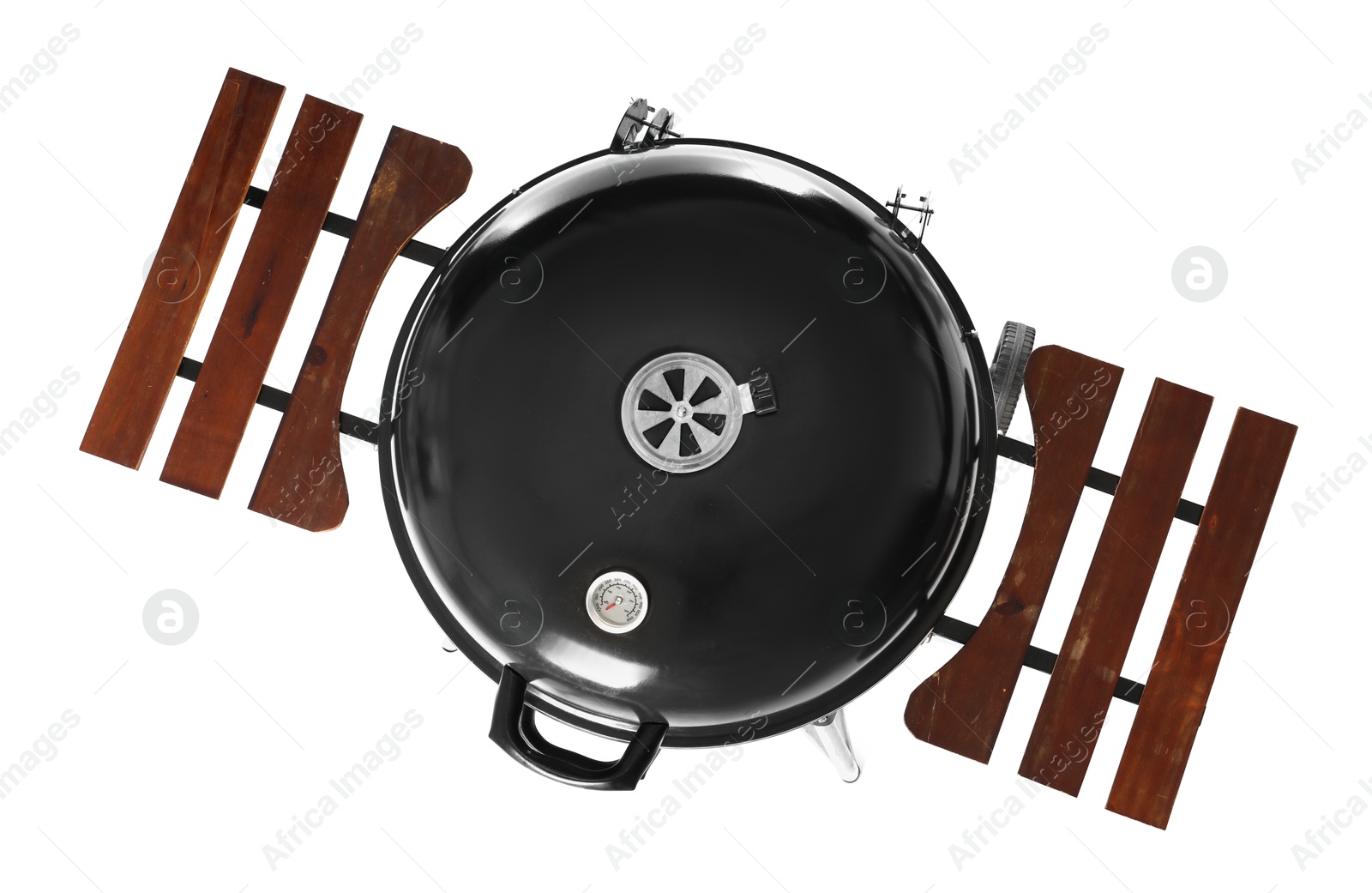 Photo of One black barbeque grill isolated on white, top view. Cooking appliance