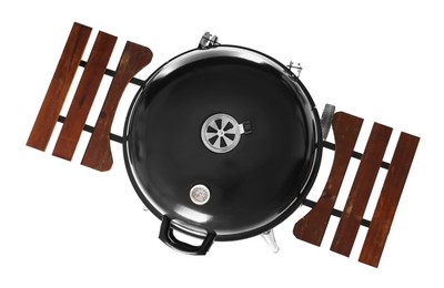 One black barbeque grill isolated on white, top view. Cooking appliance