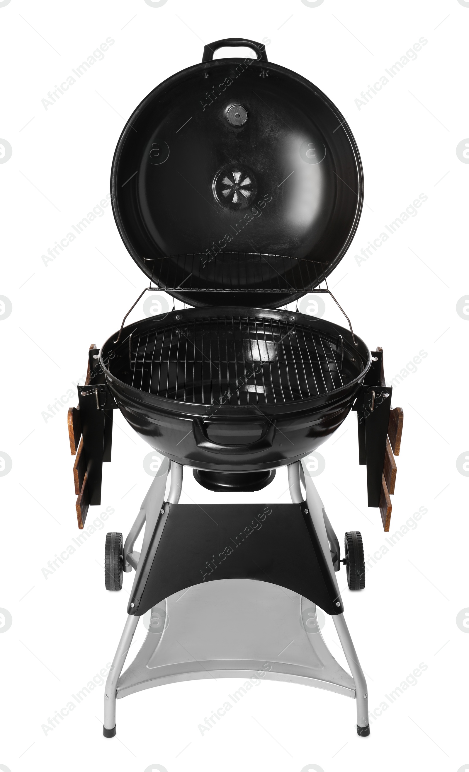 Photo of One black barbeque grill isolated on white. Cooking appliance