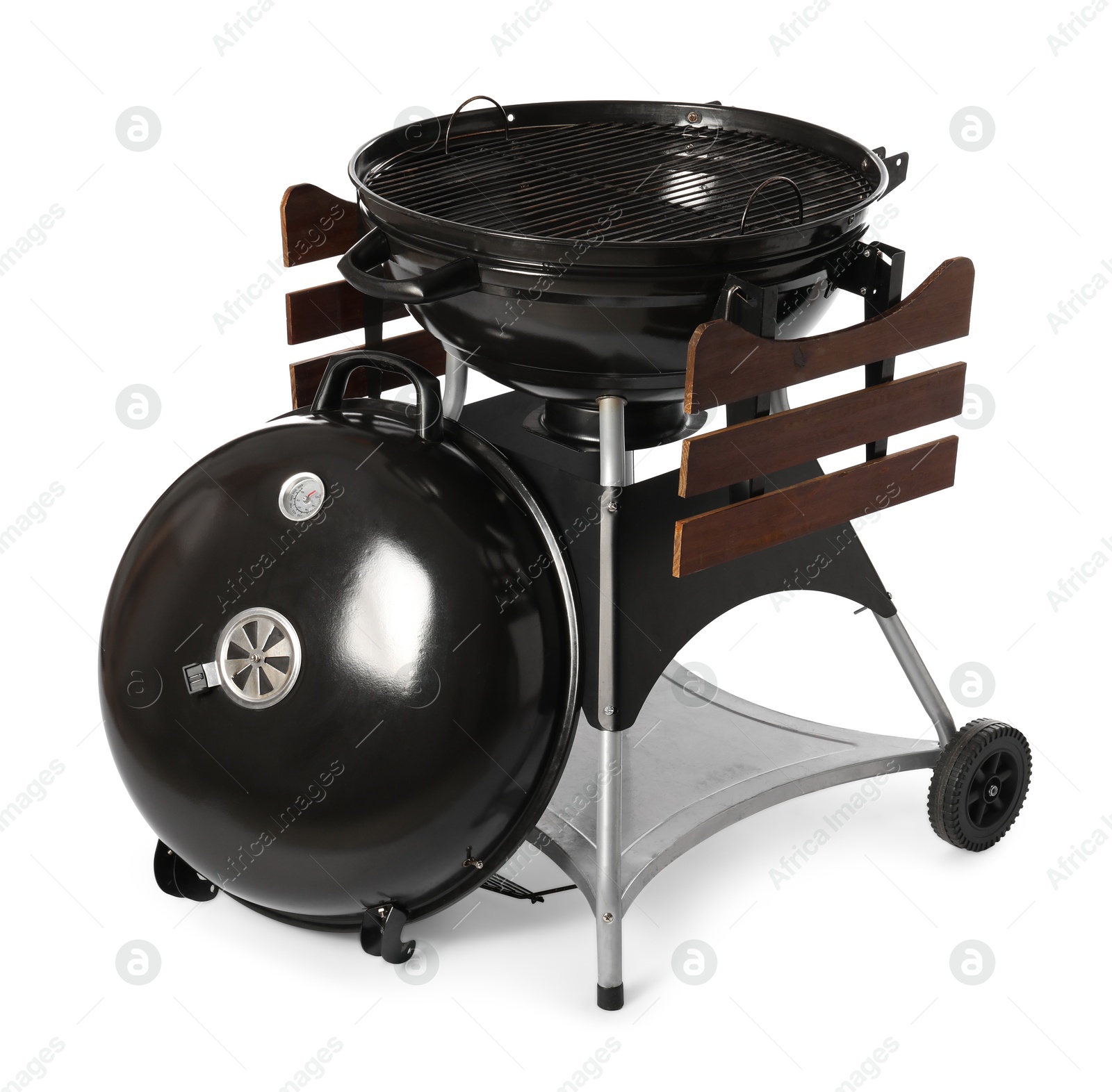 Photo of One black barbeque grill isolated on white. Cooking appliance