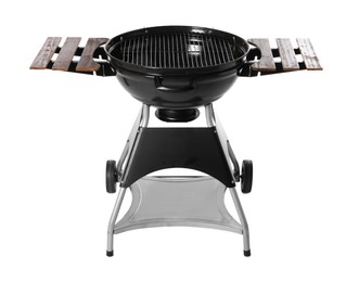 Photo of One black barbeque grill isolated on white. Cooking appliance