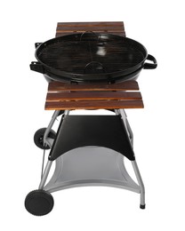 Photo of One black barbeque grill isolated on white. Cooking appliance