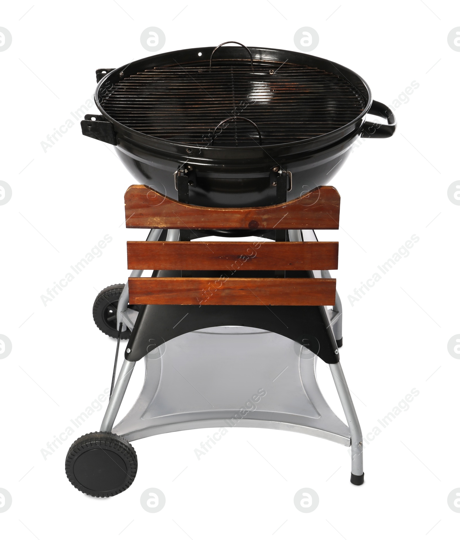 Photo of One black barbeque grill isolated on white. Cooking appliance