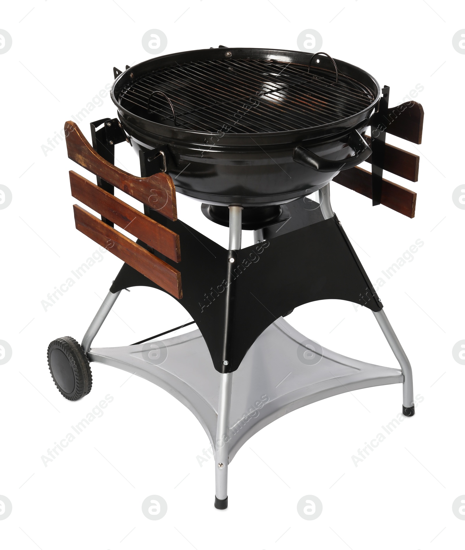 Photo of One black barbeque grill isolated on white. Cooking appliance