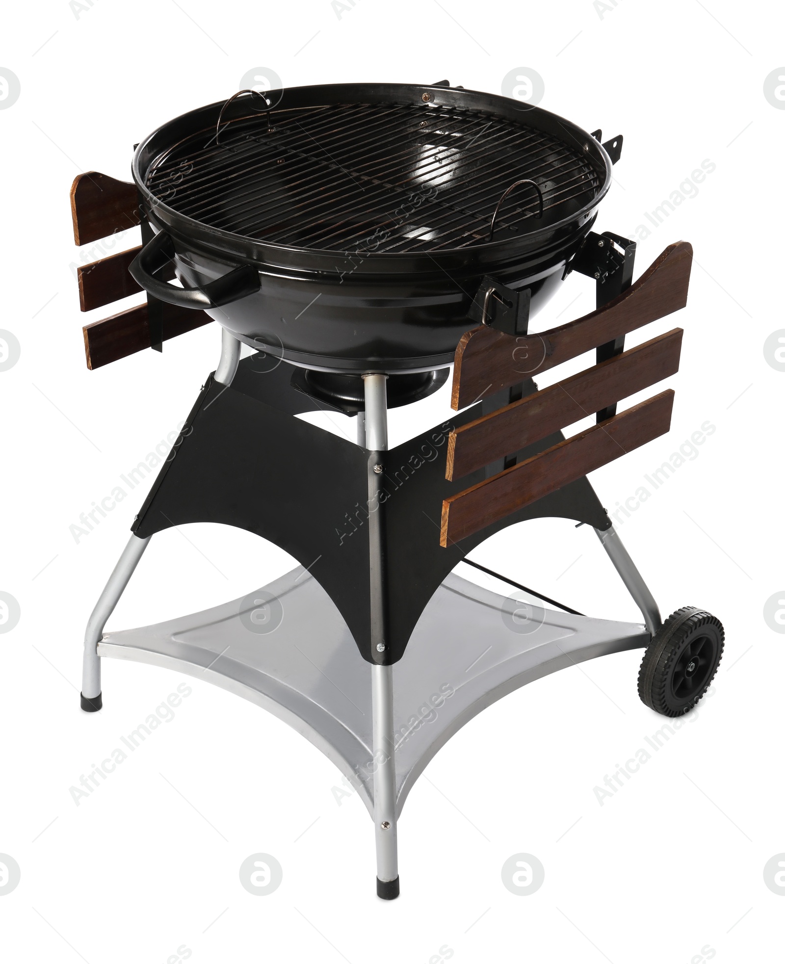 Photo of One black barbeque grill isolated on white. Cooking appliance