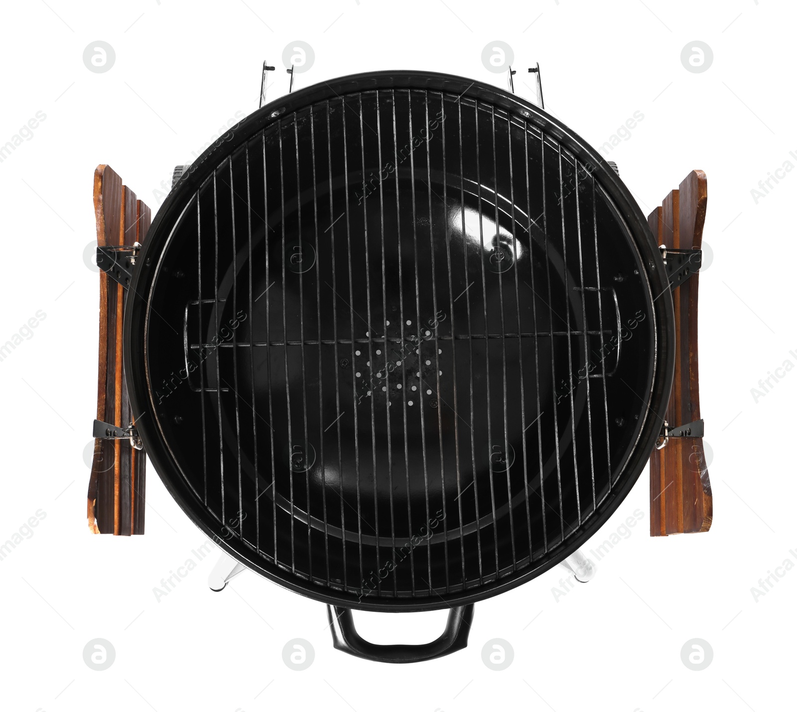 Photo of One black barbeque grill isolated on white, top view. Cooking appliance