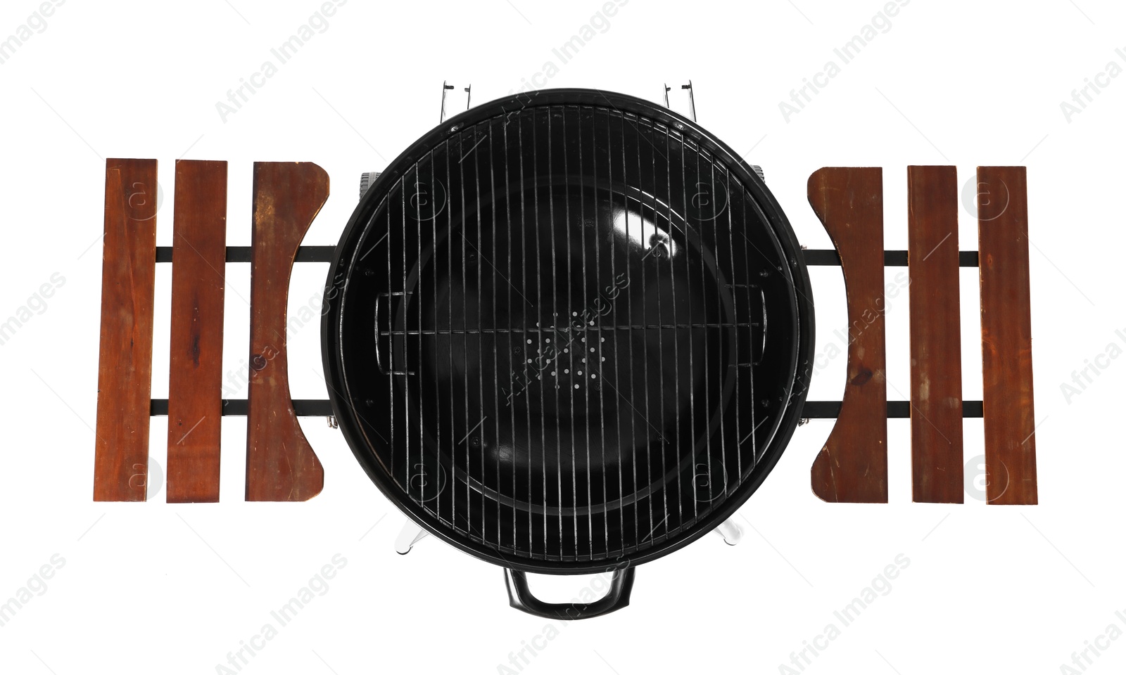 Photo of One black barbeque grill isolated on white, top view. Cooking appliance