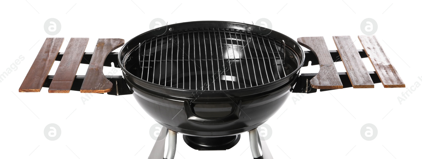 Photo of One black barbeque grill isolated on white. Cooking appliance