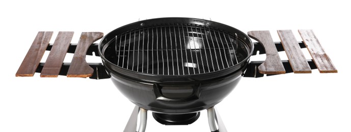 Photo of One black barbeque grill isolated on white. Cooking appliance