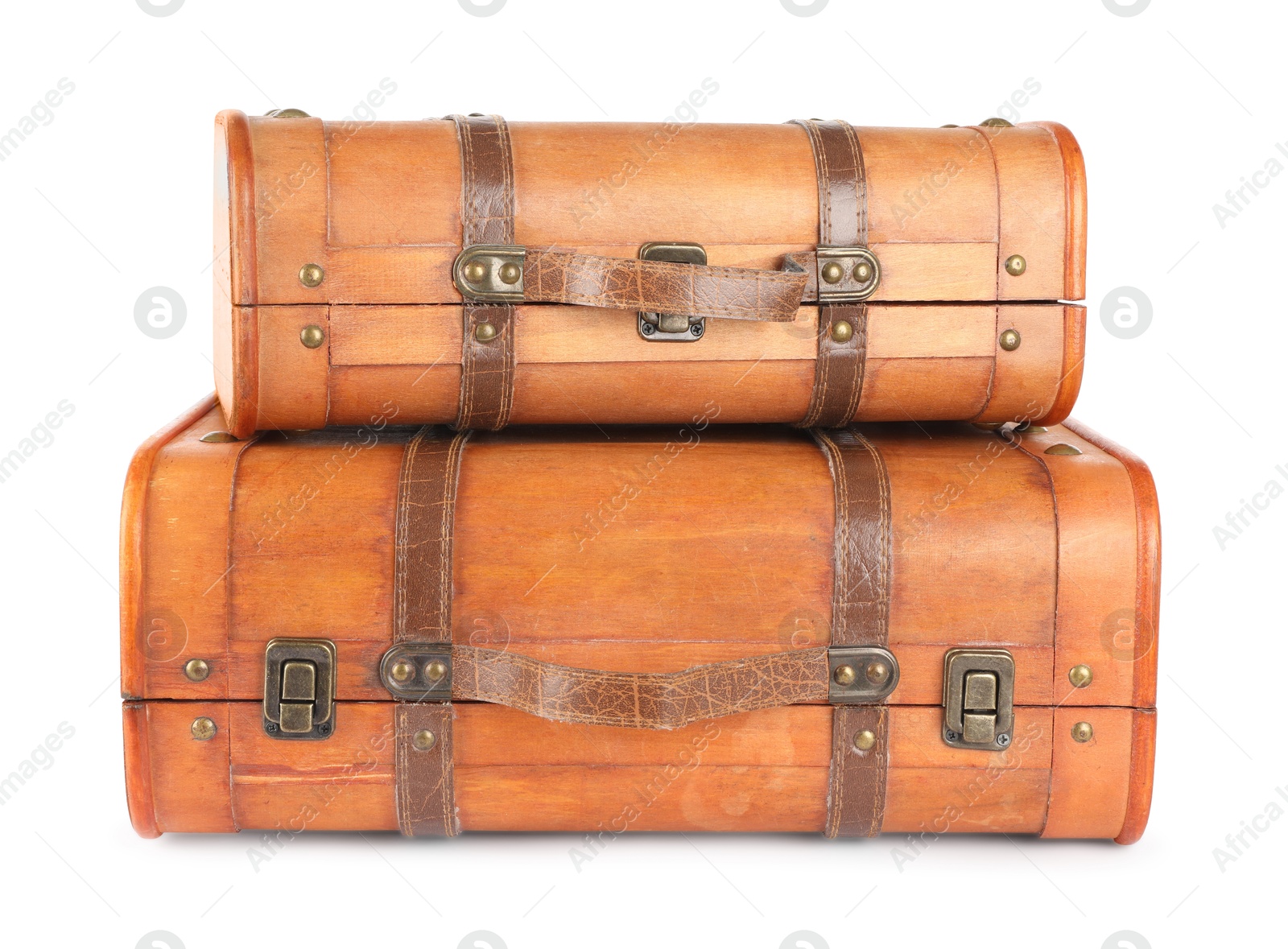 Photo of Two new wooden suitcases isolated on white