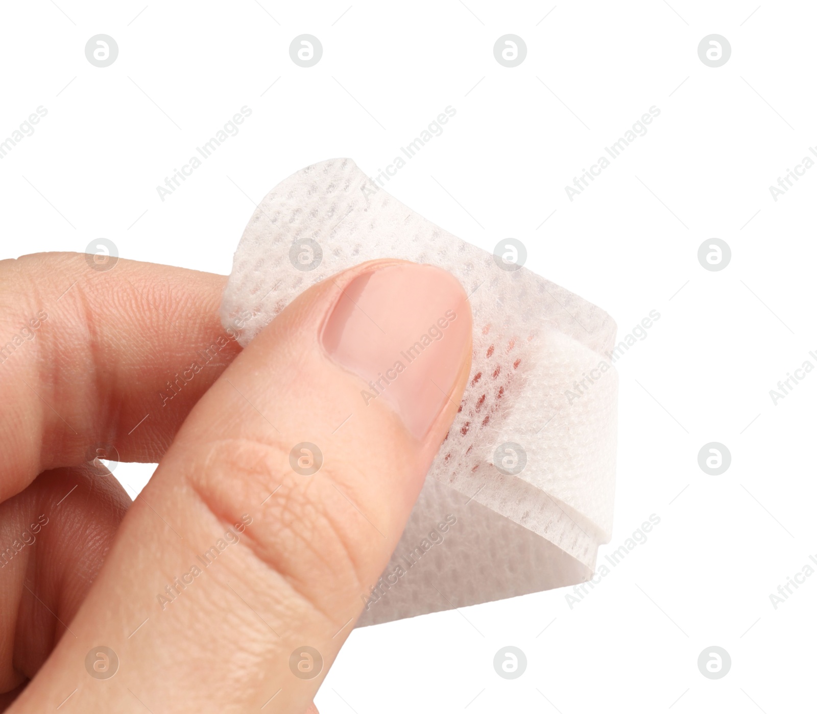 Woman putting medical adhesive bandage on white background, closeup Photo of Woman putting medical adhesive bandage on white background, closeup