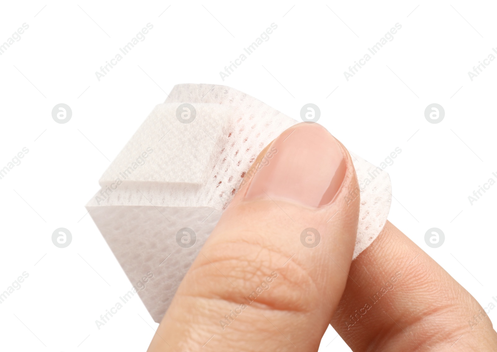 Woman putting medical adhesive bandage on white background, closeup Photo of Woman putting medical adhesive bandage on white background, closeup