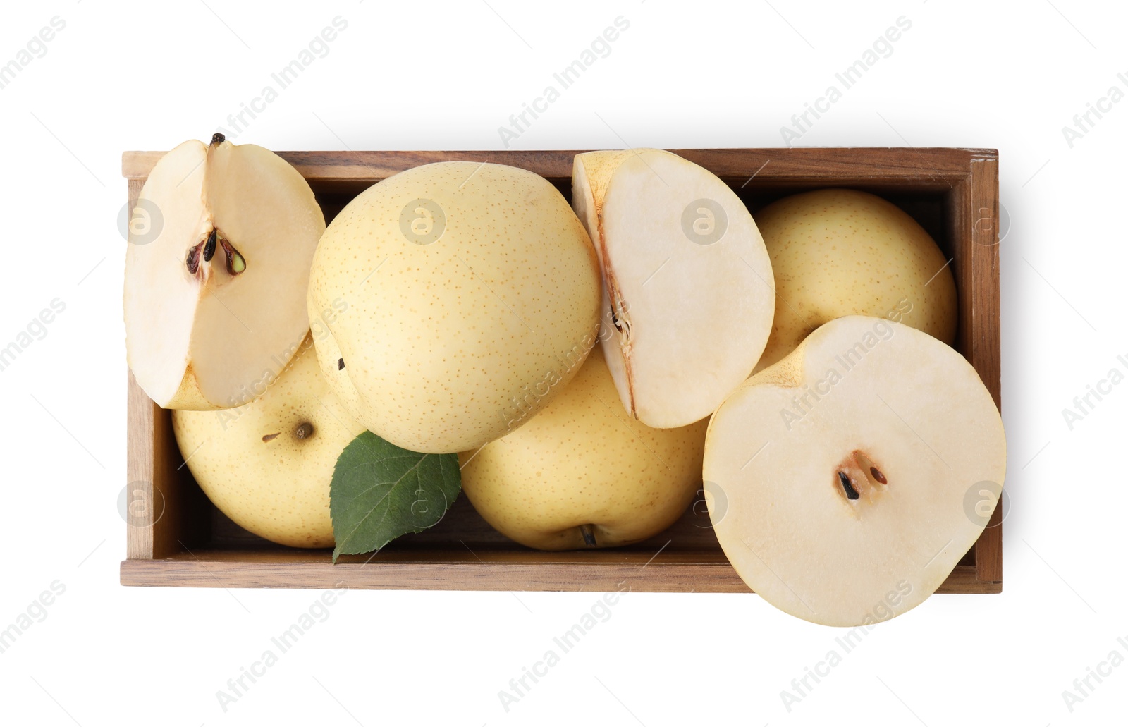 Photo of Delicious fresh apple pears in wooden crate isolated on white, top view