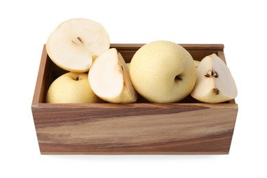 Photo of Delicious fresh apple pears in wooden crate isolated on white