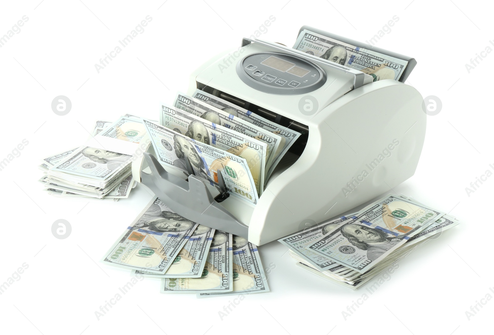 Photo of Money counter machine and dollar banknotes isolated on white