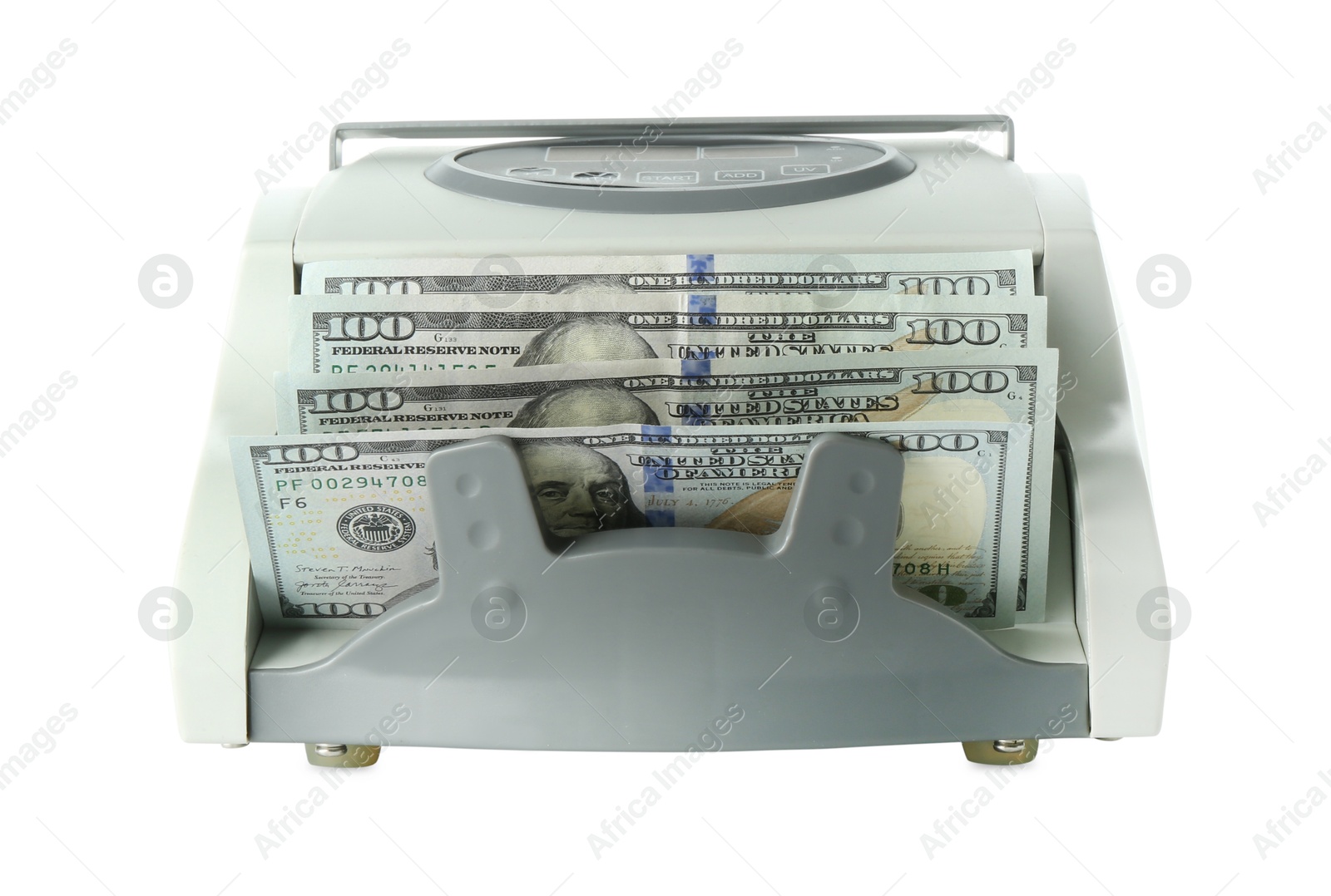 Photo of Money counter machine with dollar banknotes isolated on white