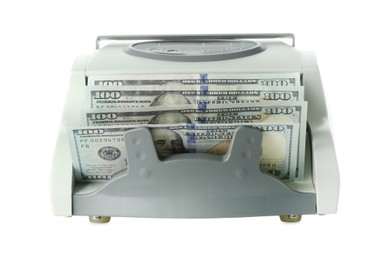 Money counter machine with dollar banknotes isolated on white