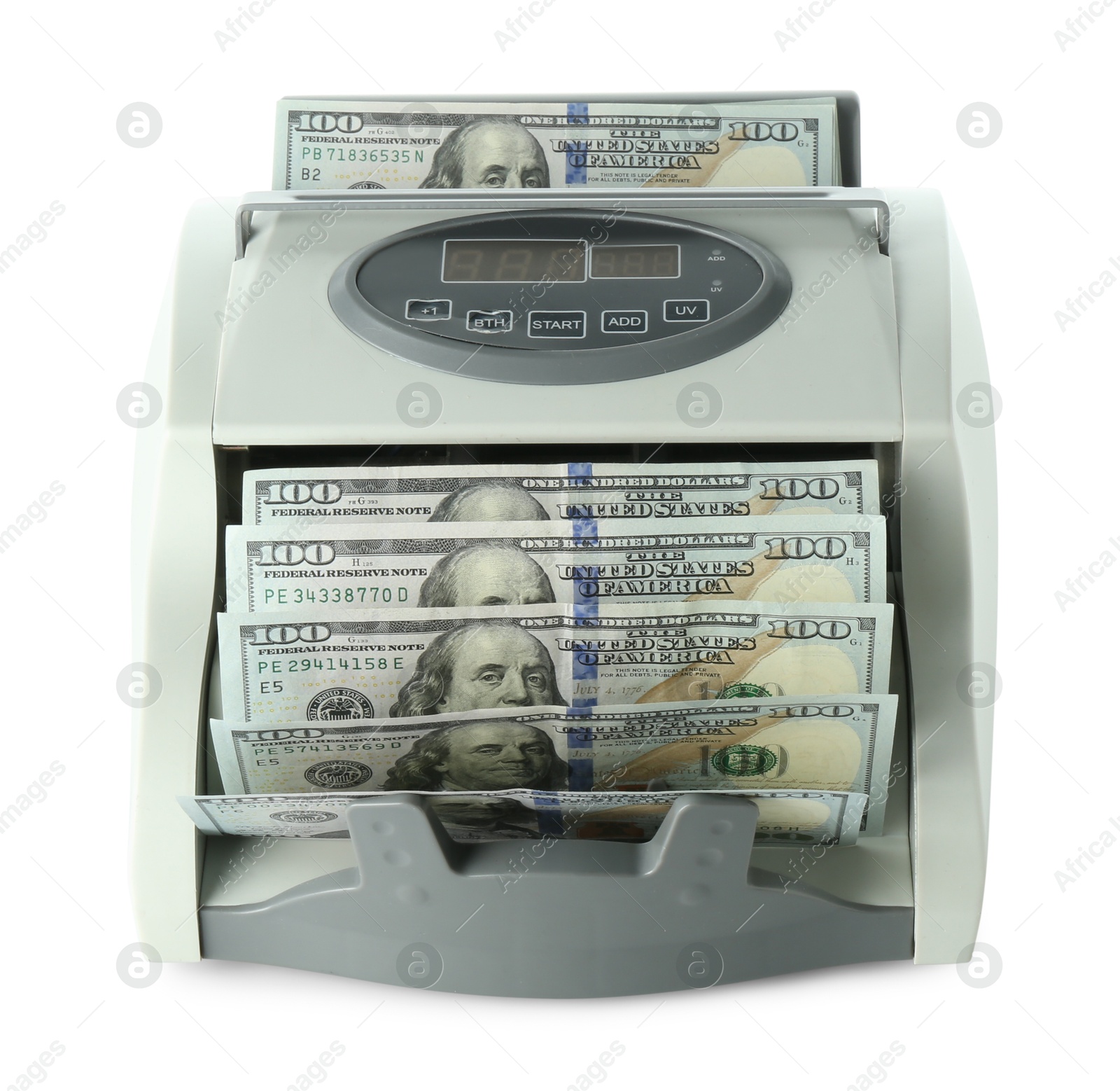 Photo of Money counter machine with dollar banknotes isolated on white