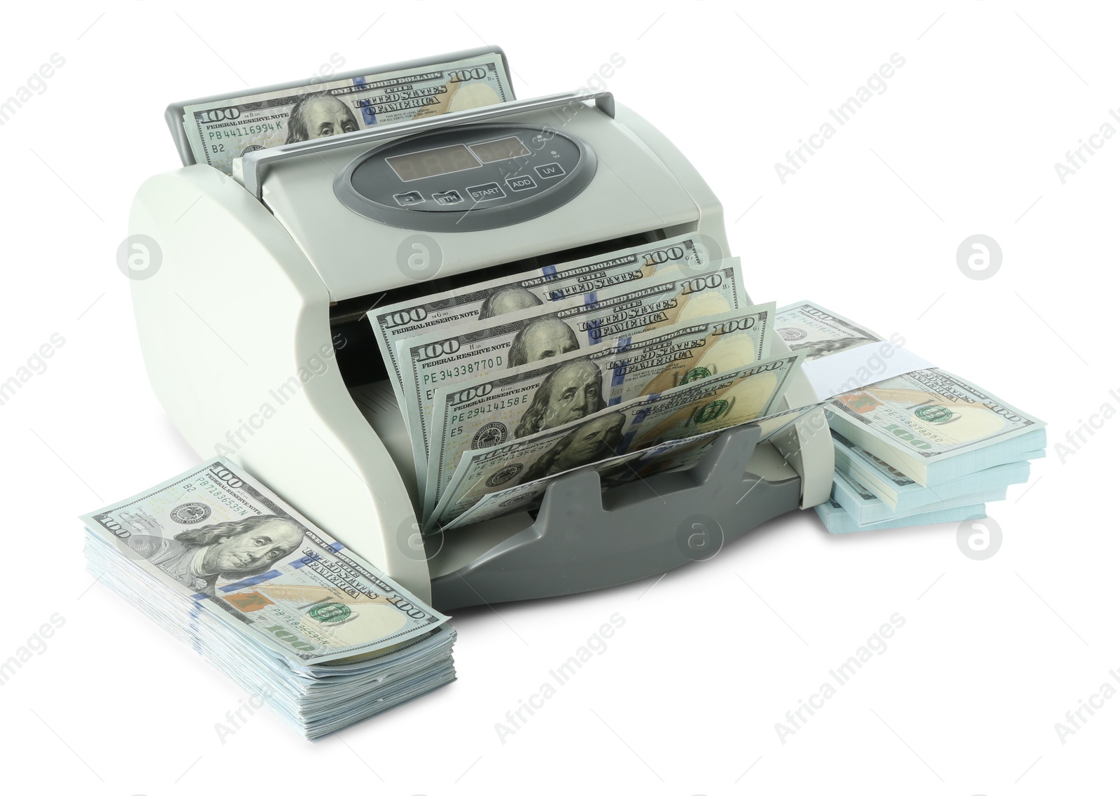 Photo of Money counter machine and dollar banknotes isolated on white