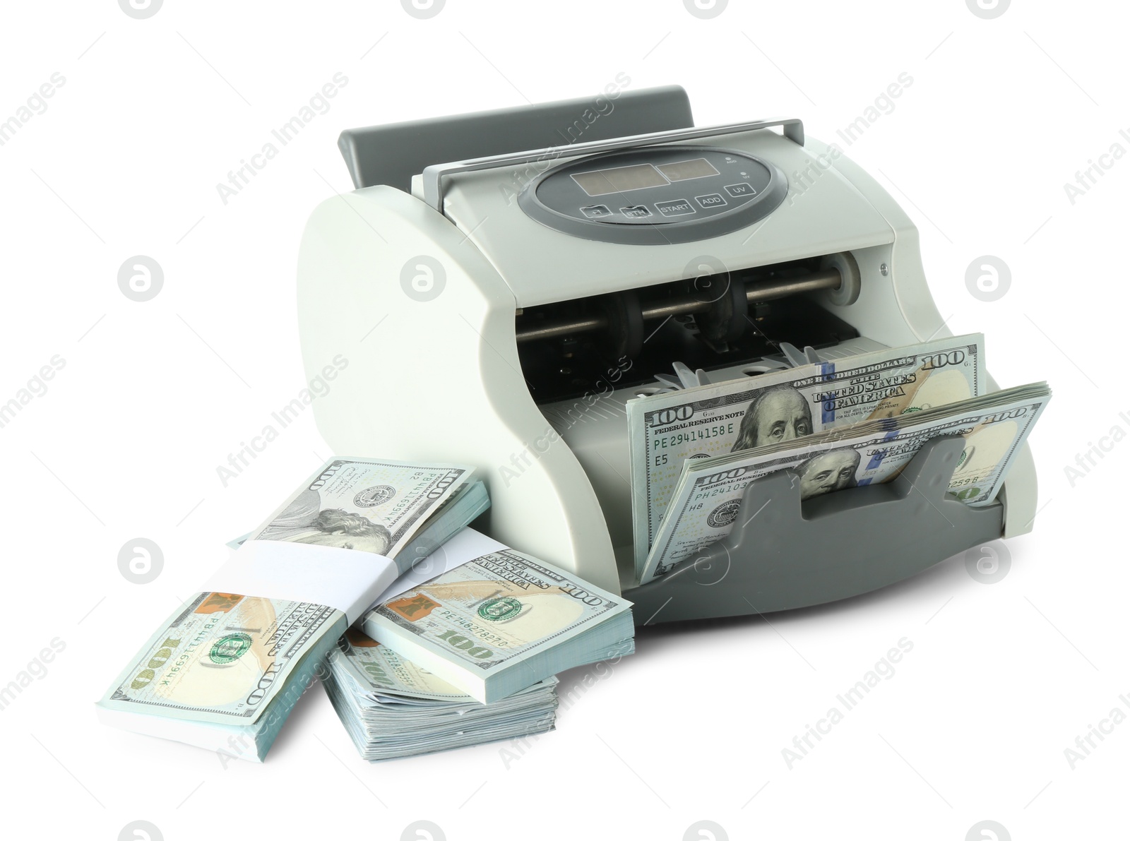 Photo of Money counter machine and dollar banknotes isolated on white