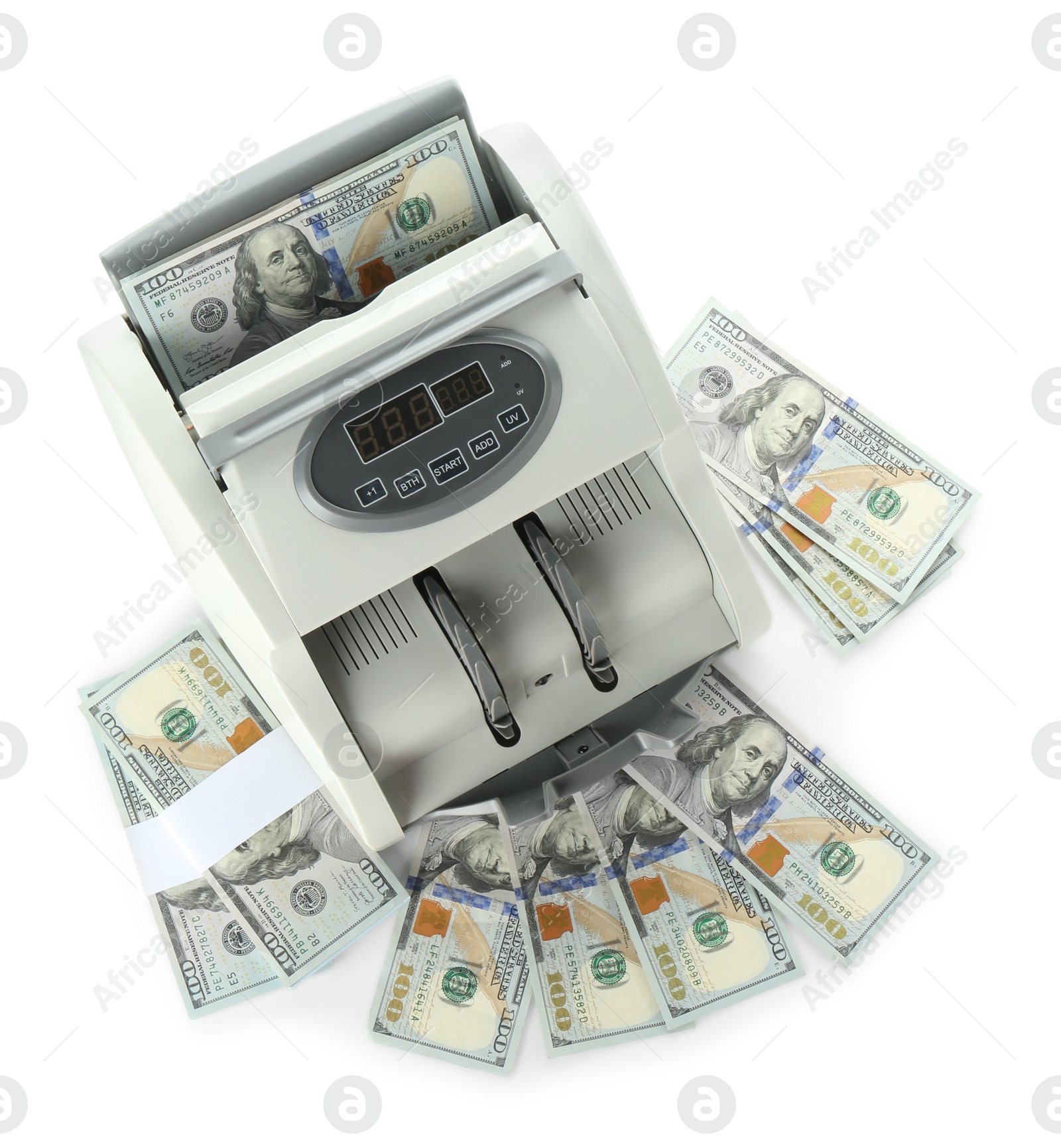 Photo of Money counter machine and dollar banknotes isolated on white, top view