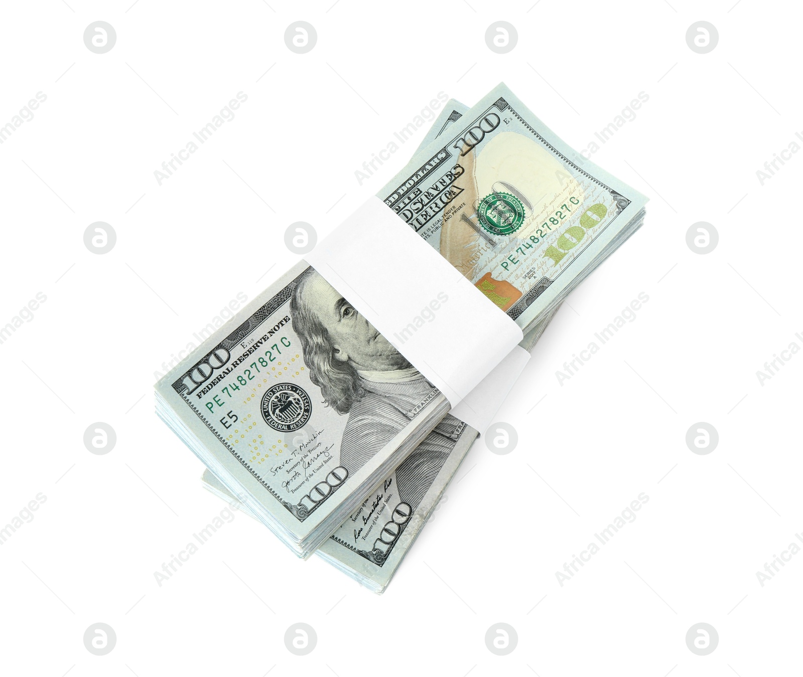 Photo of Stack of dollar banknotes isolated on white, top view