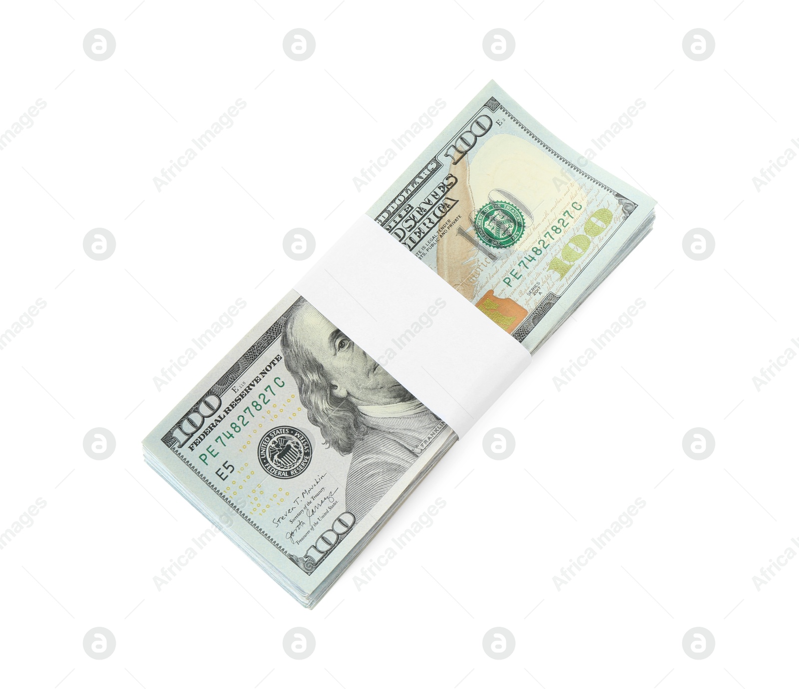 Photo of Stack of dollar banknotes isolated on white, top view