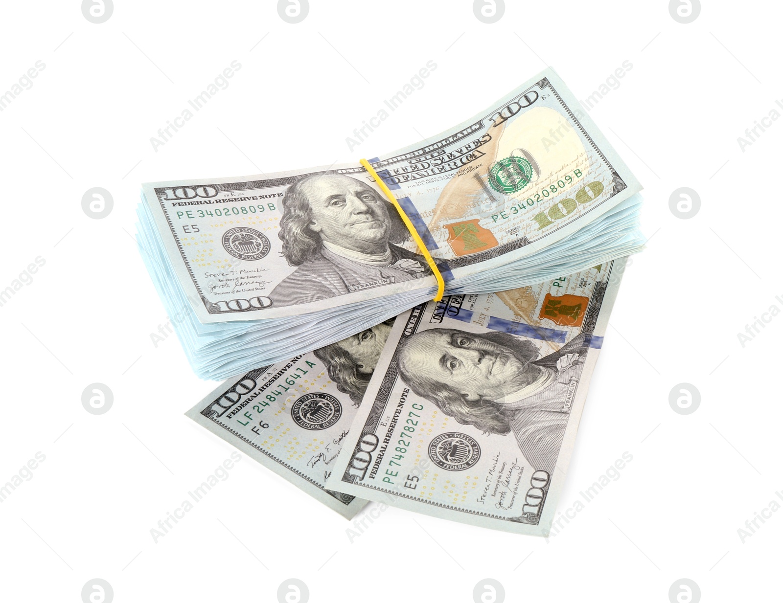 Photo of Dollar banknotes isolated on white, above view