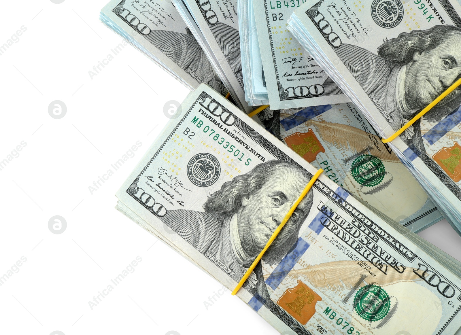 Photo of Pile of dollar banknotes isolated on white, top view