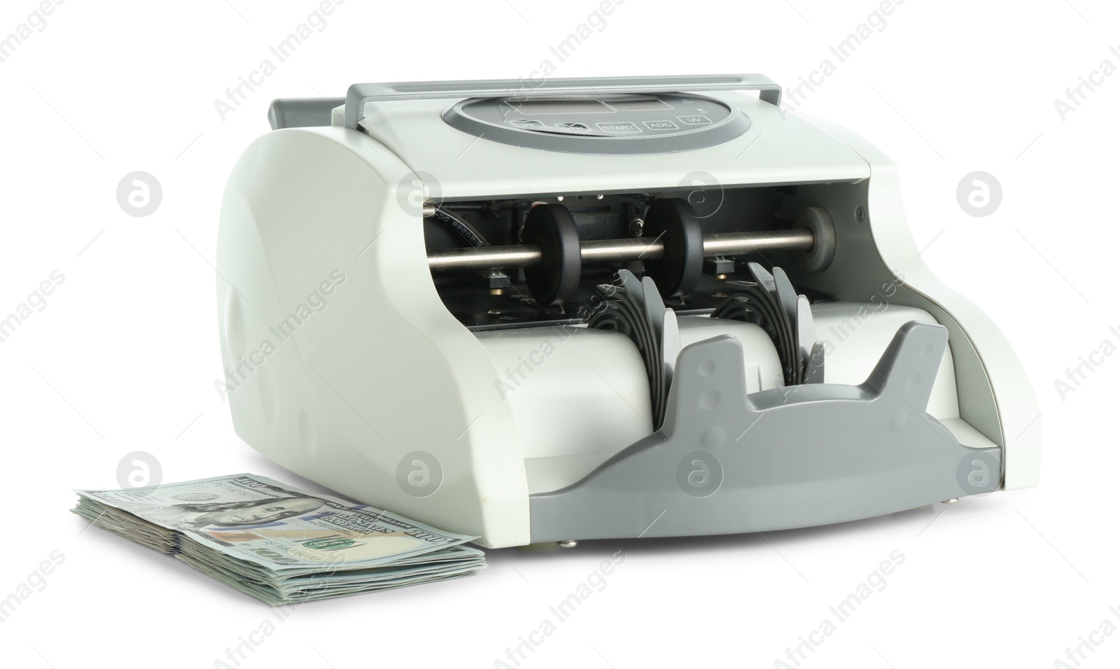 Photo of Money counter machine and dollar banknotes isolated on white