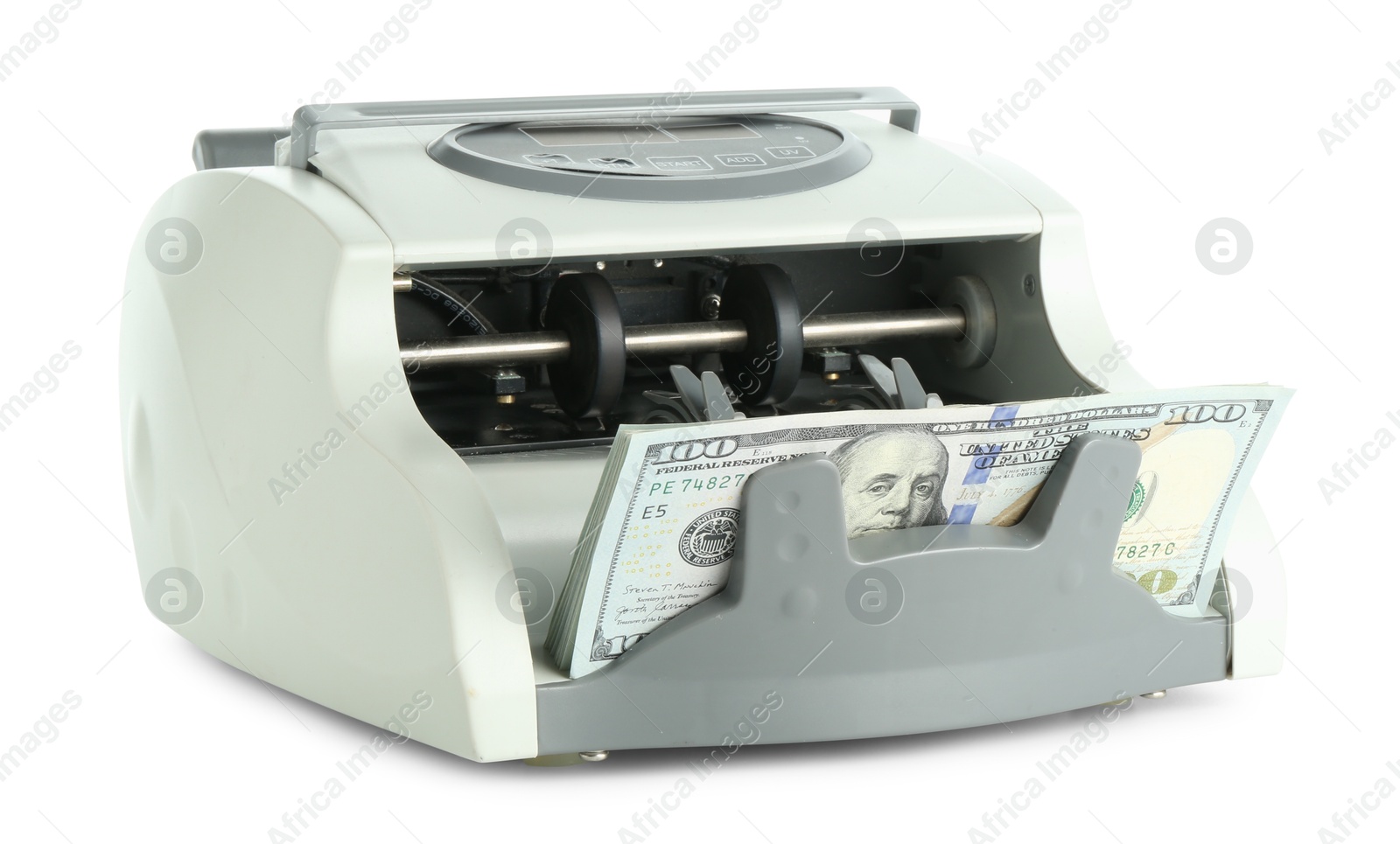 Photo of Money counter machine with dollar banknotes isolated on white