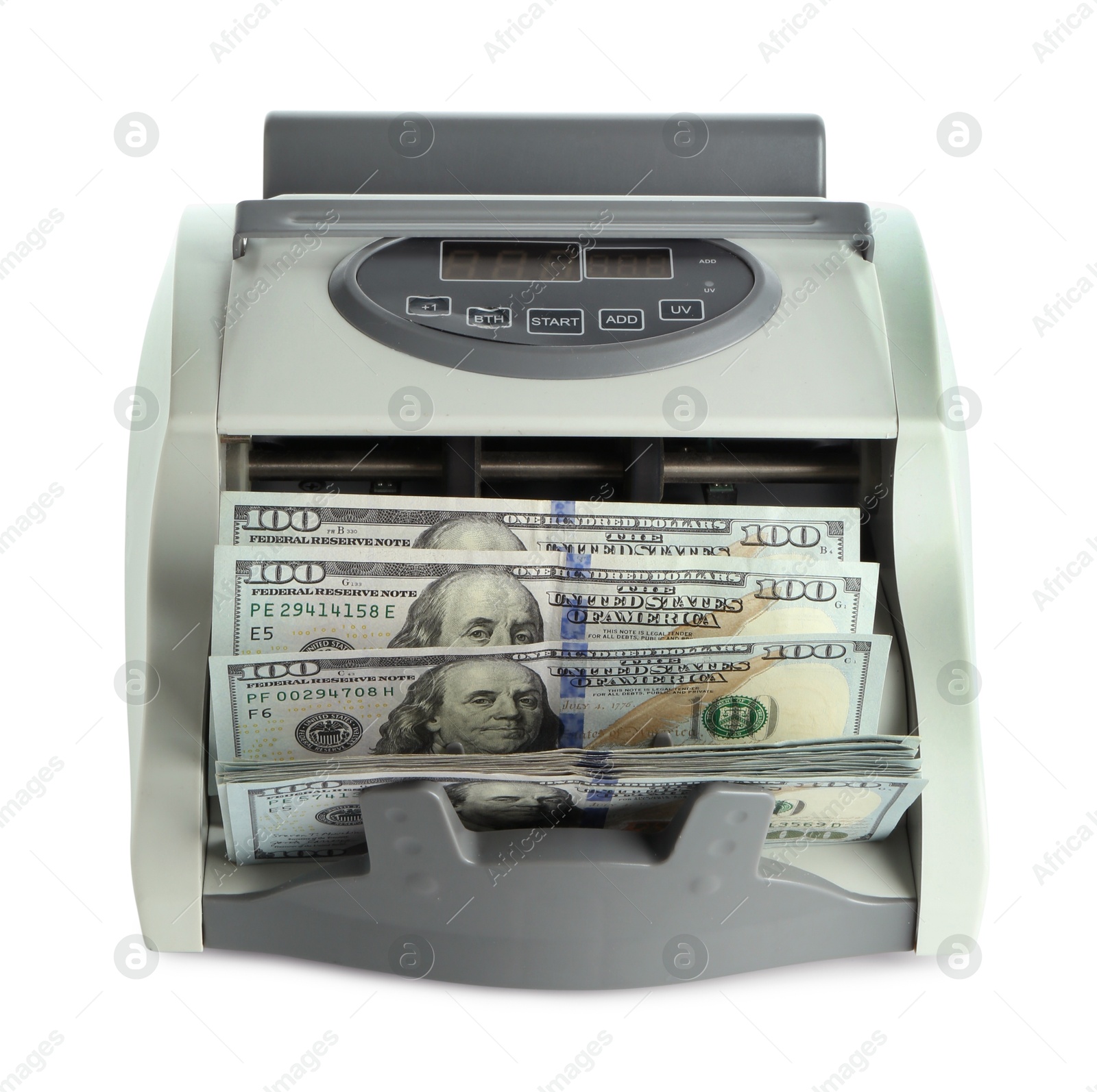 Photo of Money counter machine with dollar banknotes isolated on white