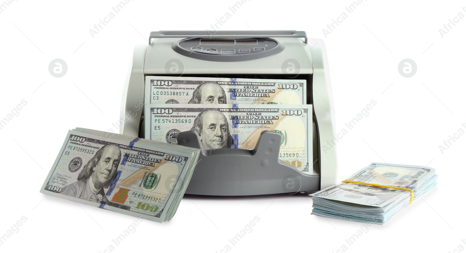 Photo of Money counter machine and dollar banknotes isolated on white